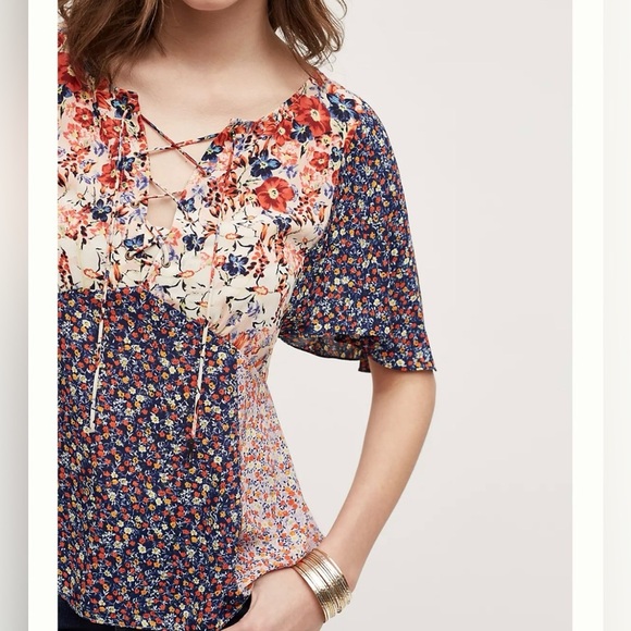HD in Paris Anthropologie Mixed Floral Print Tunic Tie Front Palo Alto Blouse - Picture 3 of 12